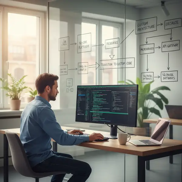 Illustration d'un pont reliant des blocs NoCode à des lignes de code, symbolisant la migration réussie d'une application NoCode vers une solution en code custom pour une meilleure scalabilité et personnalisation.