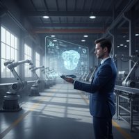 Illustration d'une interface d'intelligence artificielle multimodale avec des icônes représentant l'image et le texte, symbolisant la puissance de Mistral AI pour l'analyse de données complexes en entreprise.