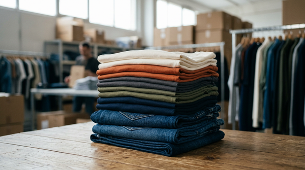 Vêtements invendus triés en entrepôt suite à la loi mode Interdiction de détruire les stocks.