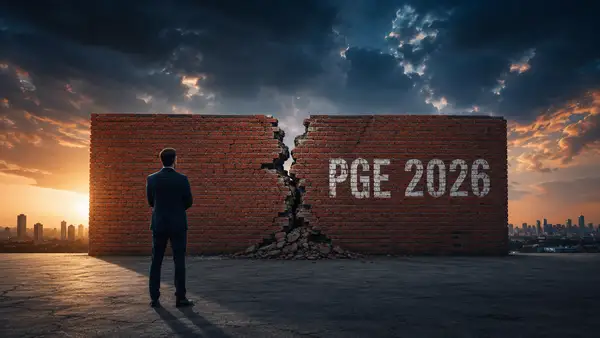 Un dirigeant d’entreprise en costume sombre, vu de dos, fait face à un grand mur de briques rouges fissuré en son centre, marqué “PGE 2026”. Sous un ciel orageux mêlant bleu nuit et lumière orangée, la scène symbolise les tensions économiques et les défis liés au remboursement des prêts garantis par l’État.