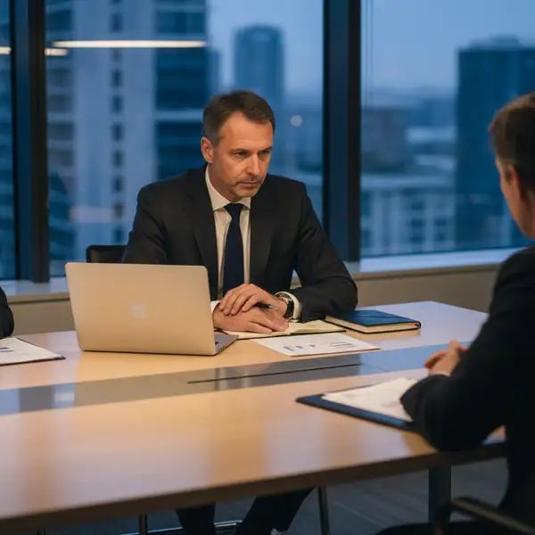 Un dirigeant de PME déterminé en pleine négociation commerciale face à un grand compte en 2026, appliquant les principes de BATNA et d'ancrage.
