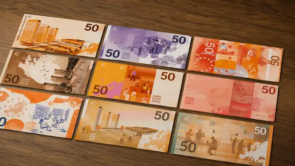Les dix propositions de design des futurs billets de 50 euros de la Banque centrale européenne sont disposées en quinconce sur une table en bois, illustrant les deux thèmes finalistes : « Culture européenne » et « Fleuves et oiseaux ».