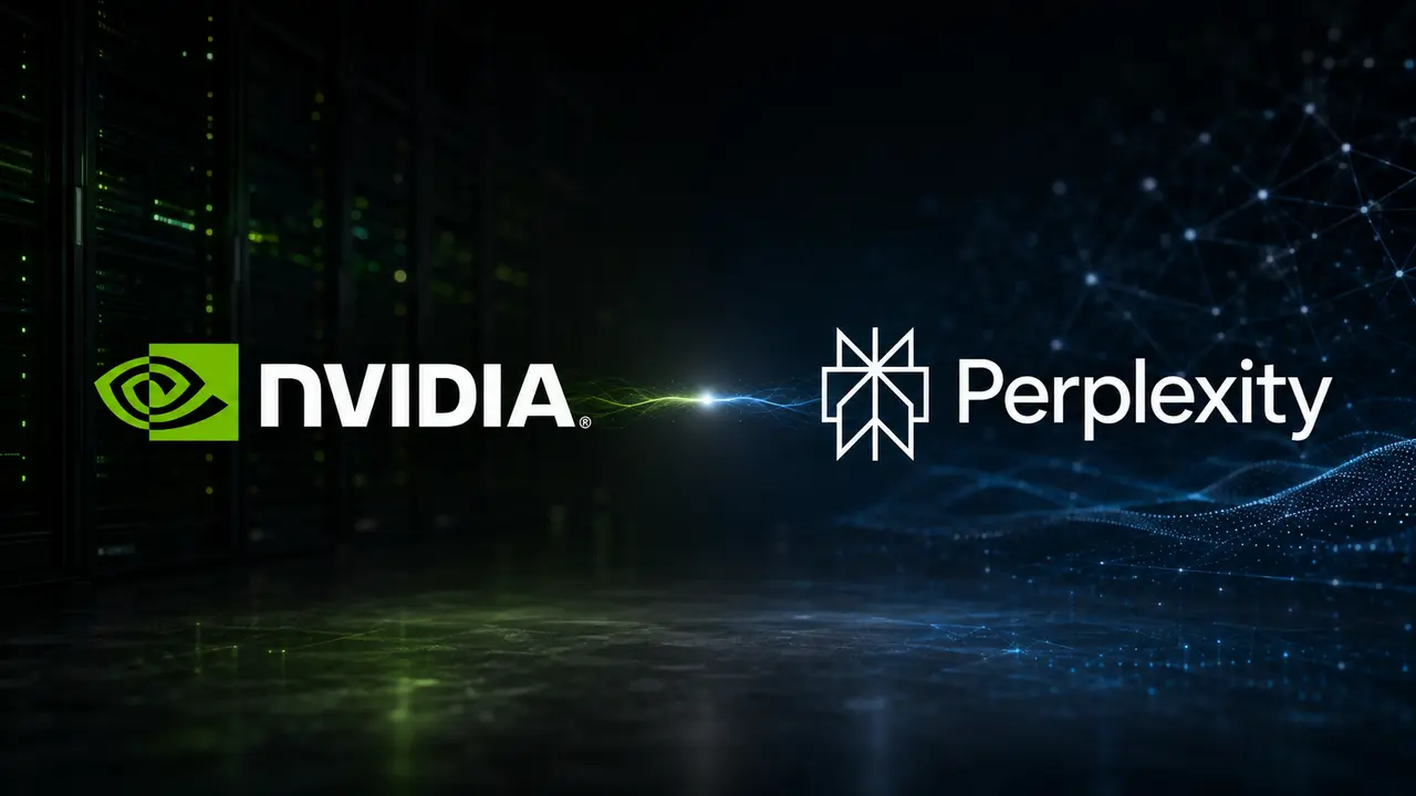 Illustration professionnelle montrant les logos NVIDIA et Perplexity reliés par un flux lumineux dans un univers technologique, pour représenter les discussions autour d’un possible investissement de Nvidia dans la startup de recherche IA Perplexity.