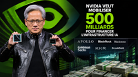 Jensen Huang présentant des puces Nvidia devant un univers de data centers et de financement, illustrant le projet de mobilisation de plus de 500 milliards de dollars pour l’infrastructure IA.