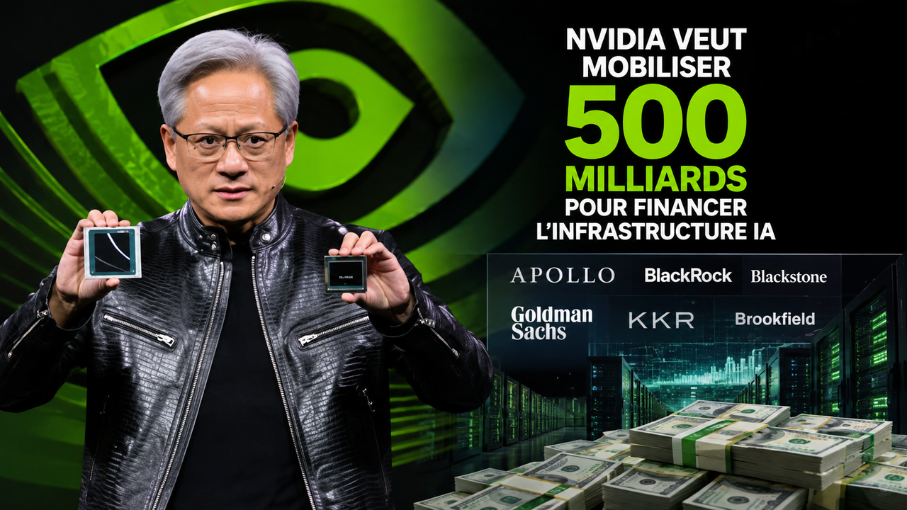 Jensen Huang présentant des puces Nvidia devant un univers de data centers et de financement, illustrant le projet de mobilisation de plus de 500 milliards de dollars pour l’infrastructure IA.