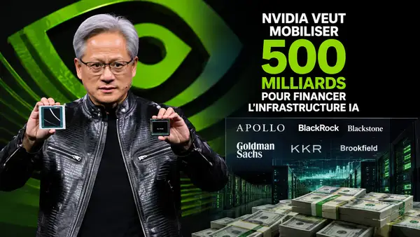 Jensen Huang présentant des puces Nvidia devant un univers de data centers et de financement, illustrant le projet de mobilisation de plus de 500 milliards de dollars pour l’infrastructure IA.