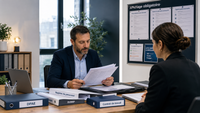 Dirigeant de PME examinant des documents RH obligatoires avec une salariée, devant un affichage obligatoire en entreprise et des dossiers DPAE, DUERP, registre du personnel et contrat de travail.