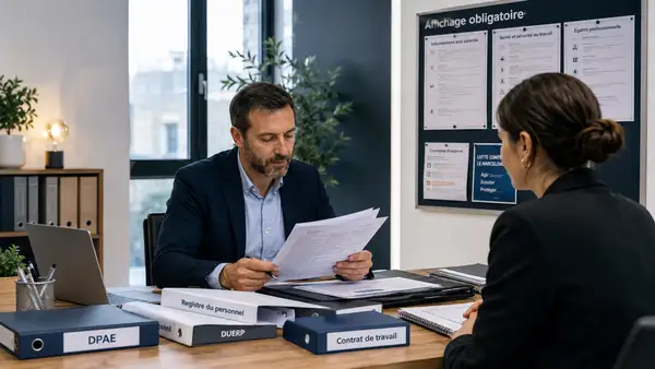Dirigeant de PME examinant des documents RH obligatoires avec une salariée, devant un affichage obligatoire en entreprise et des dossiers DPAE, DUERP, registre du personnel et contrat de travail.