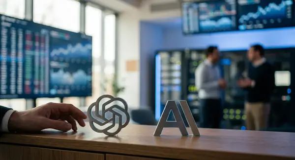 Illustration symbolisant la finance et l'intelligence artificielle, avec les logos d'OpenAI et Anthropic, représentant leur potentielle entrée en bourse et ses répercussions sur le marché de l'IA.