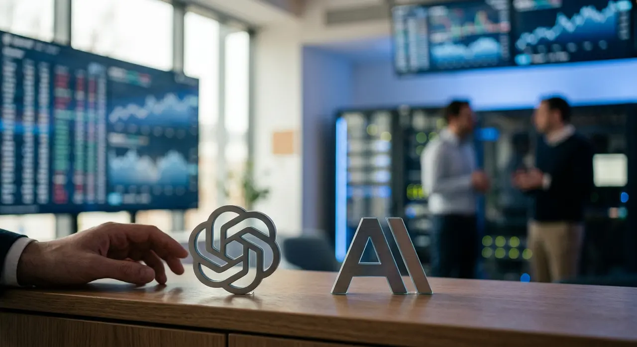 Illustration symbolisant la finance et l'intelligence artificielle, avec les logos d'OpenAI et Anthropic, représentant leur potentielle entrée en bourse et ses répercussions sur le marché de l'IA.