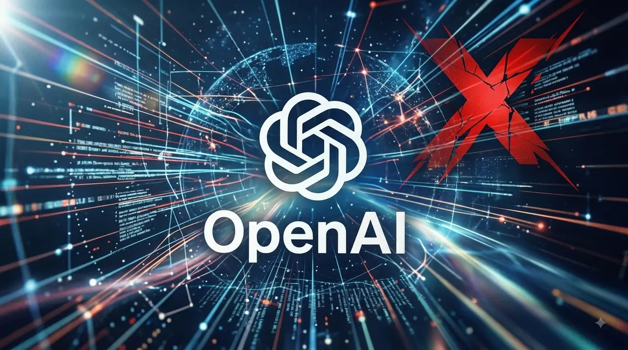 Une illustration conceptuelle et futuriste sur fond sombre, représentant le réseau mondial et le flux de données d'Internet. Au centre, le logo d'OpenAI (une spirale hexagonale blanche) avec le nom "OpenAI" écrit en dessous en blanc. Un grand symbole "X" rouge et brisé est positionné en haut à droite, barrant en partie une section du réseau de données. Des lignes lumineuses bleues, oranges et rouges s'entrecroisent à travers un globe terrestre stylisé, reliant de multiples points de données et serveurs, avec des fragments de code binaire et des interfaces numériques visibles. Des faisceaux de lumière et des particules rayonnent depuis le centre, évoquant une cyber-menace ou un dysfonctionnement du système de sécurité.