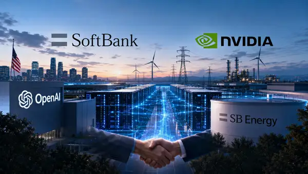 OpenAI, SB Energy, Nvidia et SoftBank représentés autour d’un vaste complexe de data centers et d’infrastructures énergétiques aux États-Unis, illustrant les investissements massifs dans la puissance de calcul et l’énergie nécessaires à l’intelligence artificielle.