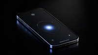 Prototype de smartphone futuriste noir, posé sur une surface sombre et brillante, avec une interface lumineuse bleue au centre de l’écran, dans une mise en scène premium, sobre et inspirée de l’univers OpenAI.