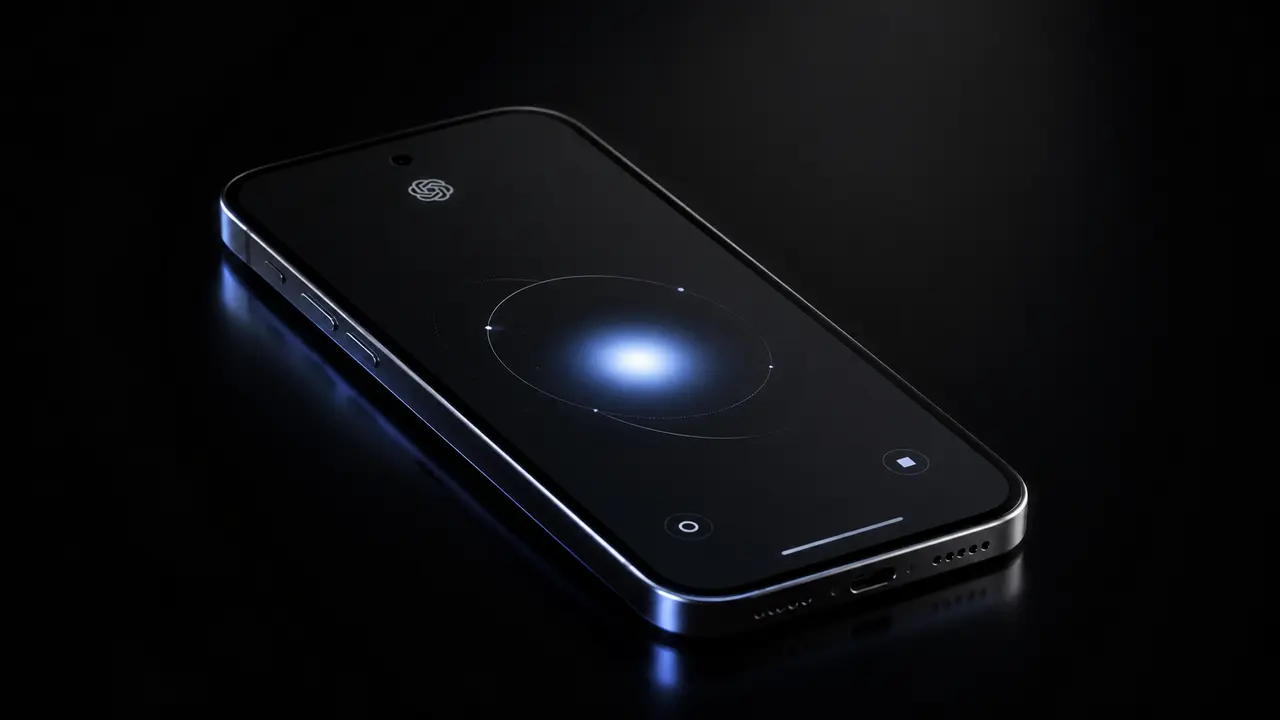 Prototype de smartphone futuriste noir, posé sur une surface sombre et brillante, avec une interface lumineuse bleue au centre de l’écran, dans une mise en scène premium, sobre et inspirée de l’univers OpenAI.