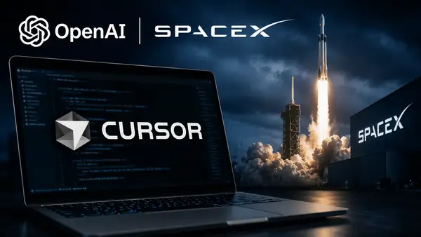 Logos OpenAI et Cursor dans un univers de développement logiciel illustrant le retrait prévu des modèles OpenAI après le rachat de Cursor par SpaceX.