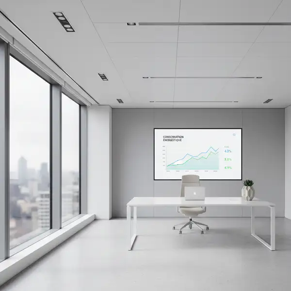 Tableau de bord intelligent affichant les données d'optimisation énergétique par IA d'un bâtiment professionnel moderne.