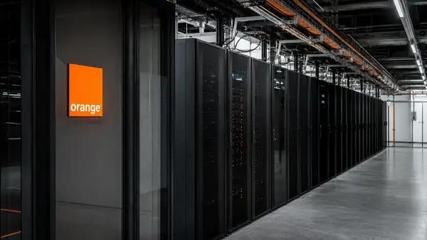 Vue intérieure réaliste d’un data center moderne avec le logo Orange, illustrant le projet d’investissement de 3 milliards d’euros d’Orange et Morrison pour développer des infrastructures cloud, IA et souveraines en France.
