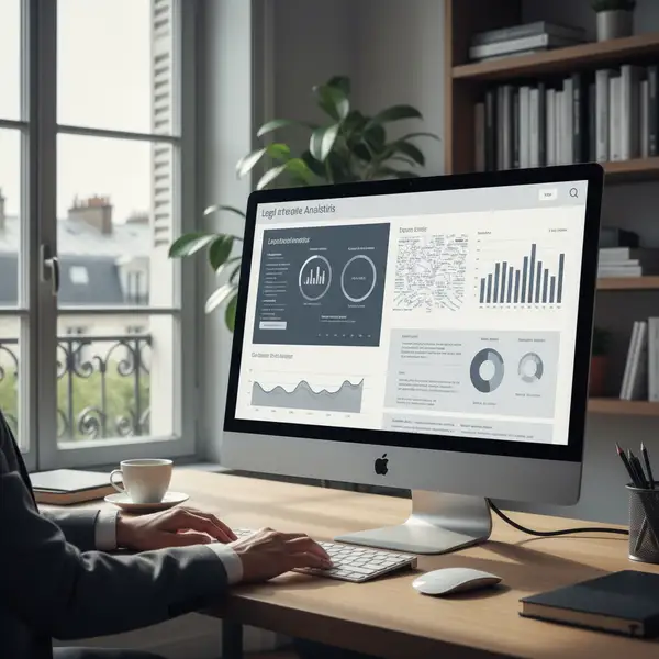 Illustration d'une intelligence artificielle (IA) symbolisée par un cerveau numérique et des rouages, interagissant avec des documents juridiques, représentant l'IA juridique legaltech au service des PME.