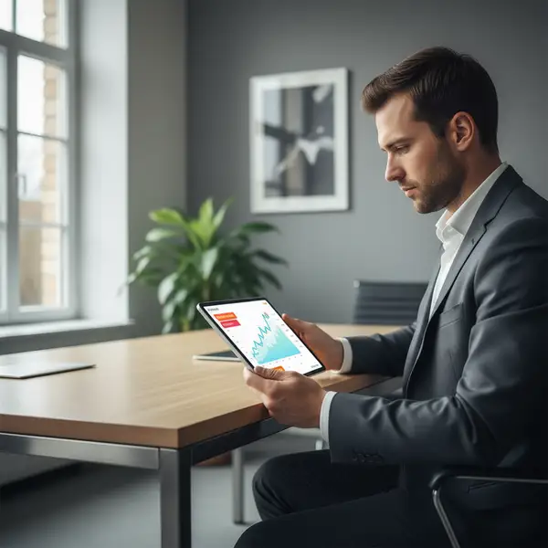 Illustration futuriste d'un tableau de bord financier avec des graphiques et des icônes d'intelligence artificielle, symbolisant les outils relance recouvrement B2B de 2026.