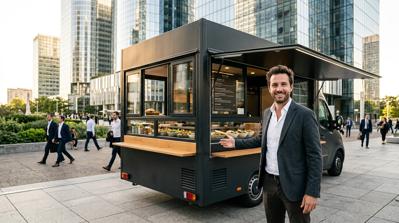 Entrepreneur préparant son projet pour ouvrir un food truck moderne avec un budget maîtrisé.