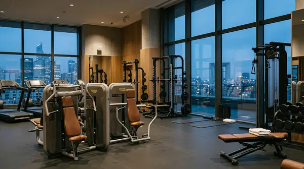 Entrepreneur planifiant d'ouvrir une salle de sport avec un business plan et des équipements de fitness.