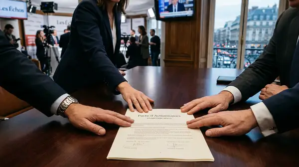 Signature d'un pacte actionnaires PME entre deux dirigeants pour sécuriser la gouvernance.