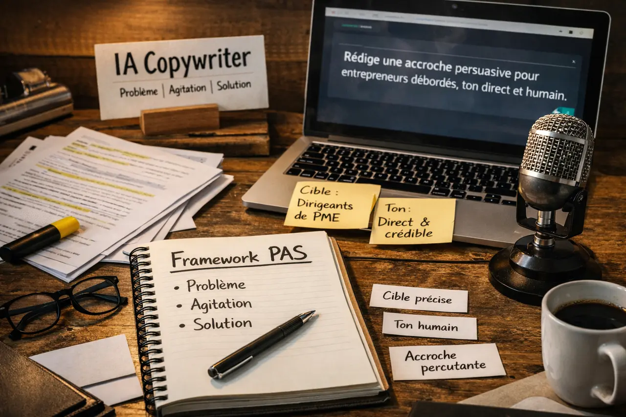 Illustration réaliste en format paysage d’un espace de travail dédié au copywriting assisté par IA : un ordinateur portable affiche un prompt marketing en français, un carnet ouvert présente le framework PAS (Problème, Agitation, Solution), avec stylo, documents annotés, notes repositionnables, micro de bureau, lunettes et tasse de café sur une table en bois, dans une ambiance professionnelle et chaleureuse.