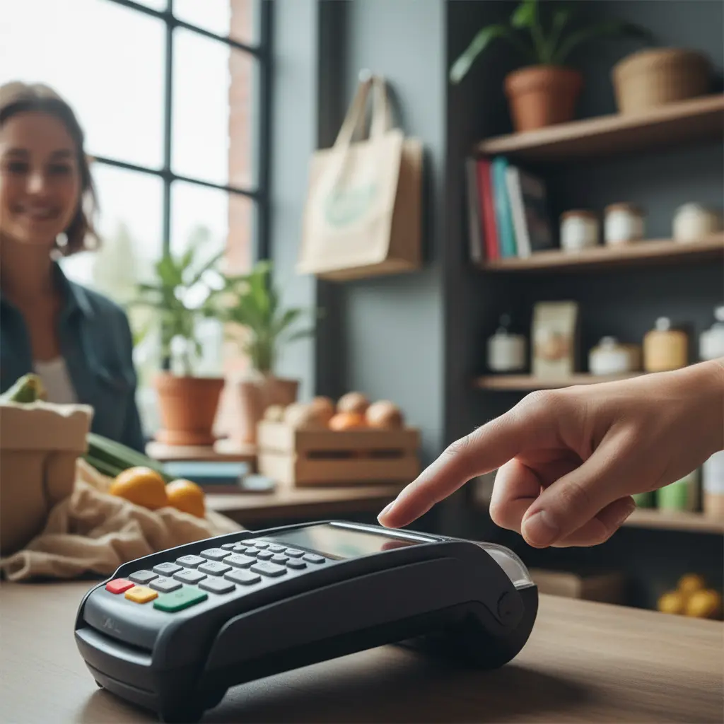 Gros plan sur une main effectuant un paiement biométrique par empreinte digitale sur un terminal de paiement moderne dans un commerce de proximité.