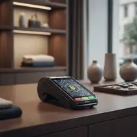 Un terminal de paiement affichant un logo de cryptomonnaie, symbolisant le paiement crypto commerce et l'innovation technologique.