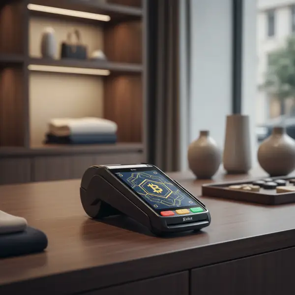 Un terminal de paiement affichant un logo de cryptomonnaie, symbolisant le paiement crypto commerce et l'innovation technologique.