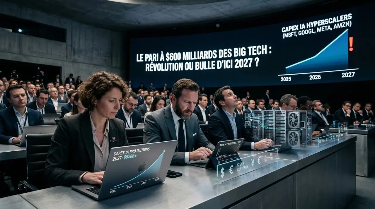 Une photographie en plan large d'une conférence financière et technologique dans un amphithéâtre moderne en béton, où des analystes et des dirigeants d'entreprise en costume, concentrés sur leurs ordinateurs portables, font face à un immense écran panoramique affichant un graphique boursier en forte hausse avec le titre « LE PARI À $600 MILLIARDS DES BIG TECH : RÉVOLUTION OU BULLE D'ICI 2027 ? ».