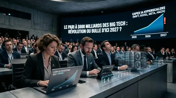 Une photographie en plan large d'une conférence financière et technologique dans un amphithéâtre moderne en béton, où des analystes et des dirigeants d'entreprise en costume, concentrés sur leurs ordinateurs portables, font face à un immense écran panoramique affichant un graphique boursier en forte hausse avec le titre « LE PARI À $600 MILLIARDS DES BIG TECH : RÉVOLUTION OU BULLE D'ICI 2027 ? ».