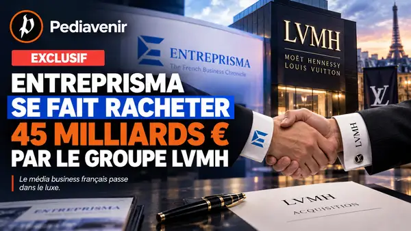 Illustration parodique inspirée de l’univers visuel de Pediavenir annonçant fictivement le rachat du média économique français Entreprisma par le groupe LVMH pour 45 milliards d’euros, avec les logos Pediavenir, Entreprisma et LVMH, une poignée de main et les codes graphiques d’une fausse actualité virale.