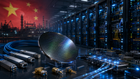 Phosphure d’indium au premier plan devant des composants photoniques et un data center IA, avec la Chine symbolisant le contrôle stratégique de cette chaîne d’approvisionnement.