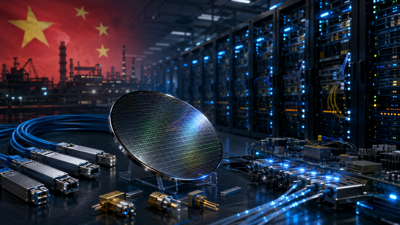 Phosphure d’indium au premier plan devant des composants photoniques et un data center IA, avec la Chine symbolisant le contrôle stratégique de cette chaîne d’approvisionnement.