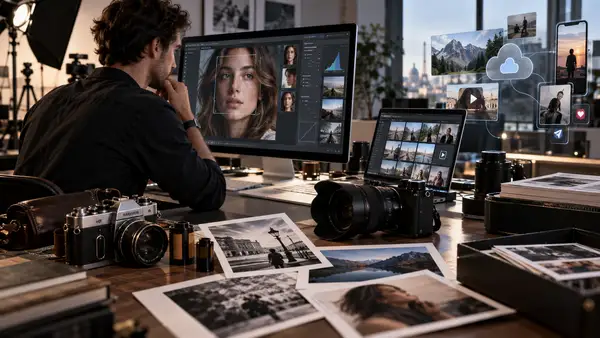 Photographe travaillant dans un studio moderne entre appareil photo numérique, boîtier argentique, tirages papier et logiciels de retouche assistés par intelligence artificielle, illustrant la transformation du marché de la photo, la traçabilité des images et la recherche d’authenticité en 2026.