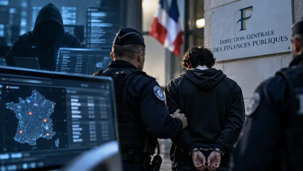 Un jeune homme menotté escorté par des policiers devant la Direction générale des Finances publiques, avec des écrans de cybersécurité en arrière-plan, illustration de l’enquête sur le piratage de la DGFiP revendiqué par ZeroBytes.