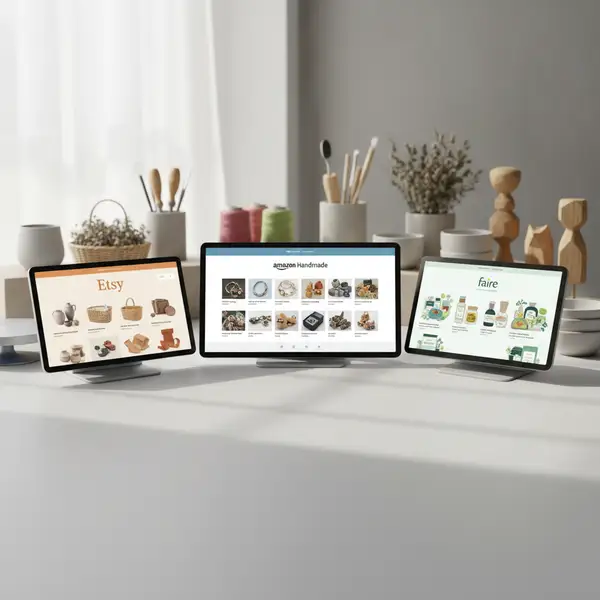 Comparaison visuelle des interfaces des marketplaces Etsy, Amazon Handmade et Faire pour la vente d'artisanat en 2026