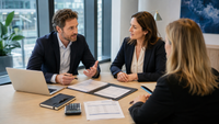 Consultant indépendant en réunion avec une entreprise cliente et une société de portage salarial autour d’un contrat et d’une simulation de rémunération.