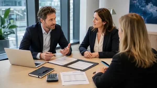 Consultant indépendant en réunion avec une entreprise cliente et une société de portage salarial autour d’un contrat et d’une simulation de rémunération.