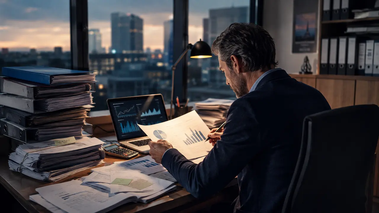 Dirigeant de PME française analysant des documents financiers, fiscaux et administratifs dans un bureau moderne, symbole des difficultés croissantes pour entreprendre en France.