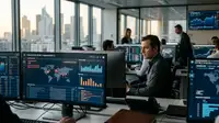 Illustration d'un bouclier numérique protégeant une entreprise, symbolisant le Prêt Bpifrance IA cybersécurité pour les PME.