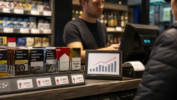 Illustration réaliste d’un bureau de tabac en France avec plusieurs paquets de cigarettes exposés au comptoir, des étiquettes de prix indiquant des évolutions tarifaires et un graphique en hausse symbolisant les changements de prix du tabac au 1er septembre 2026. La scène montre également un buraliste à la caisse et met en avant l’impact des nouveaux tarifs sur les cigarettes, le pouvoir d’achat des consommateurs et les prix pratiqués chez les débitants de tabac.