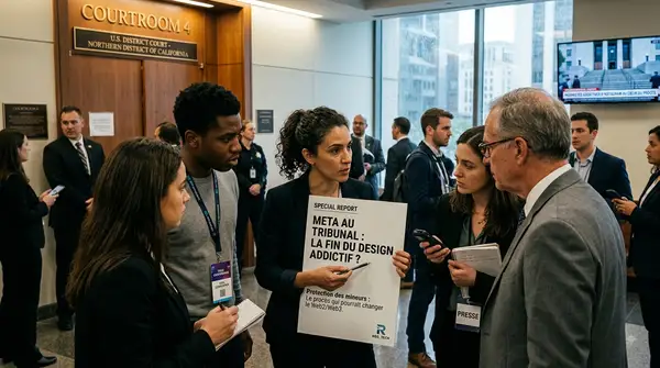 Une photographie de presse réaliste en 16:9 montre un groupe de quatre professionnels de la technologie et des médias en discussion intense dans un couloir de tribunal bondé. Au centre, une experte UX métisse tient une grande couverture de magazine de simulation (mock-up) avec le titre : « META AU TRIBUNAL : LA FIN DU DESIGN ADDICTIF ? ». Le sous-titre est : « Protection des mineurs : Le procès qui pourrait changer le Web2/Web3. » Elle pointe un stylo sur le texte. Elle discute avec un jeune designer UX noir (avec un badge « TECH CONFERENCE »), une journaliste (tenant un carnet et un dictaphone) et un avocat senior. En arrière-plan, les portes du tribunal sont marquées « COURTROOM 4 - U.S. DISTRICT COURT - NORTHERN DISTRICT OF CALIFORNIA ». D'autres journalistes et personnel de sécurité sont visibles. La scène est éclairée par la lumière naturelle d'une grande fenêtre, capturant une ambiance de travail urgente et collaborative, avec un grain photojournalistique authentique.