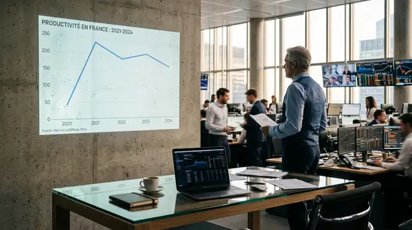 Illustration d'un graphique de productivité en baisse avec des éléments d'intelligence artificielle (IA) et des engrenages, symbolisant le défi de la Productivité par l’IA pour les PME françaises.