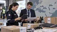 Contrôle douanier dans un entrepôt logistique français avec des colis importés, des documents d’origine et des professionnels vérifiant la traçabilité des marchandises après l’annonce de l’interdiction des produits issus des colonies israéliennes en Cisjordanie.