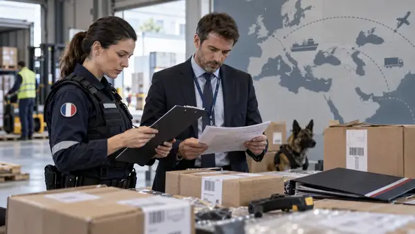 Contrôle douanier dans un entrepôt logistique français avec des colis importés, des documents d’origine et des professionnels vérifiant la traçabilité des marchandises après l’annonce de l’interdiction des produits issus des colonies israéliennes en Cisjordanie.
