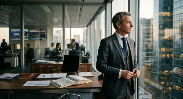 Illustration d'un dirigeant de PME analysant des documents financiers, symbolisant la Publication de Loi de Finances 2026 et ses implications stratégiques.