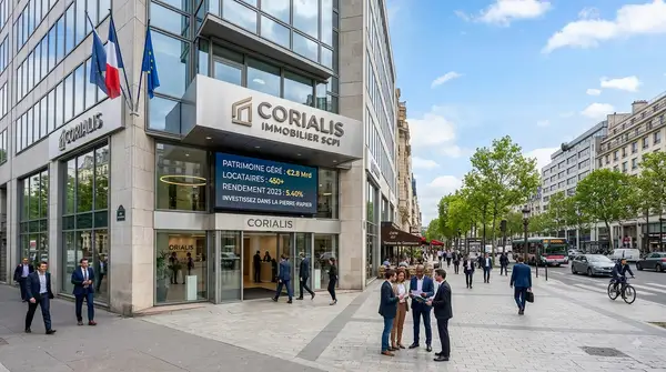 Un bâtiment tertiaire moderne à Paris affichant le logo d'une société de gestion immobilière (SCPI) avec un écran LED indiquant des chiffres clés du patrimoine. Devant l'immeuble, un groupe de professionnels en tenue d'affaires discute sur un trottoir animé.
