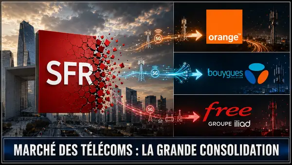 Infographie intitulée « MARCHÉ DES TÉLÉCOMS : LA GRANDE CONSOLIDATION » illustrant graphiquement l'éclatement de l'opérateur SFR et le transfert de ses flux (5G et réseaux) vers ses trois principaux concurrents français : Orange, Bouygues Telecom et Free (Groupe Iliad).